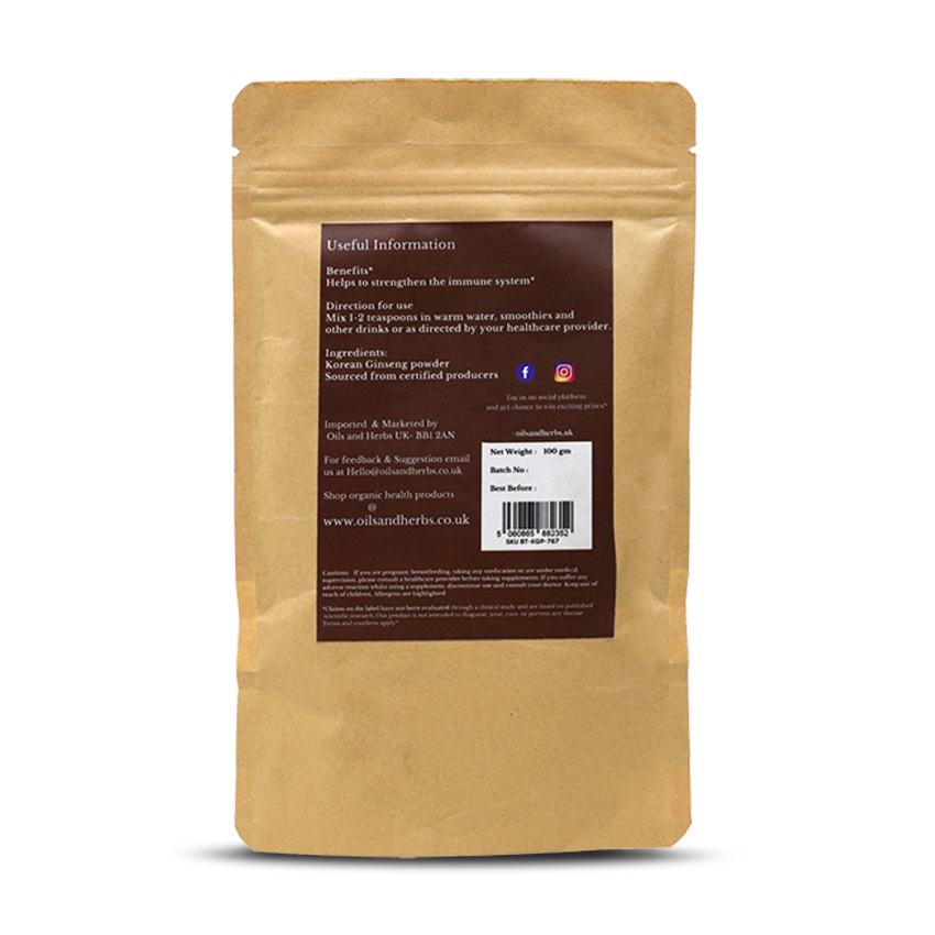 Organic Korean Ginseng Root Powder - Panax Ginseng- 100% Pure and Natural